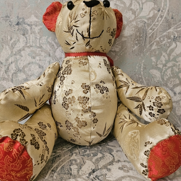Vintage Embroidered Asian Silk Chinese Plush Teddy Bear Rotating Arms Legs - Picture 1 of 16